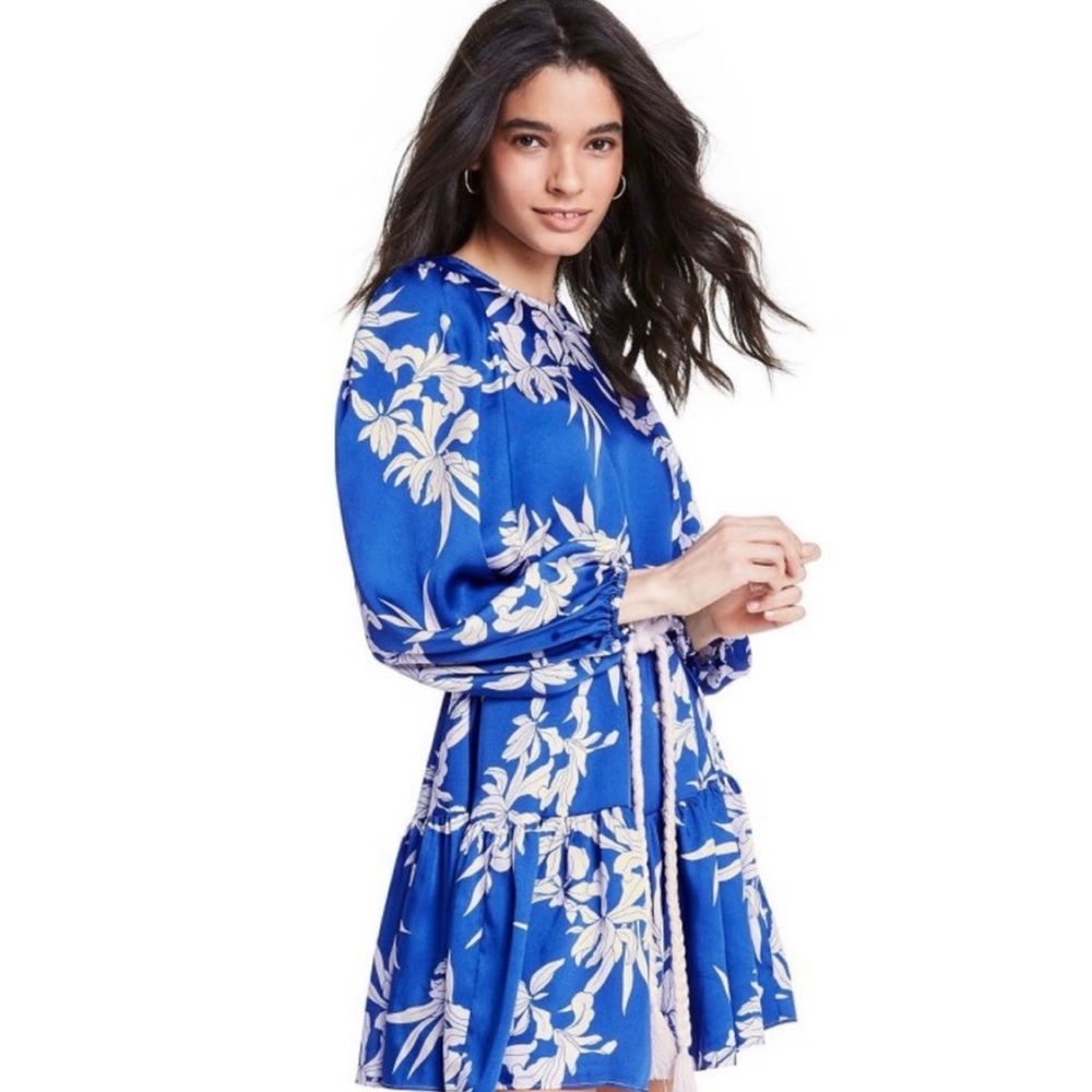 NWOT Blue Long Sleeve Rope Belt Tiered Dress